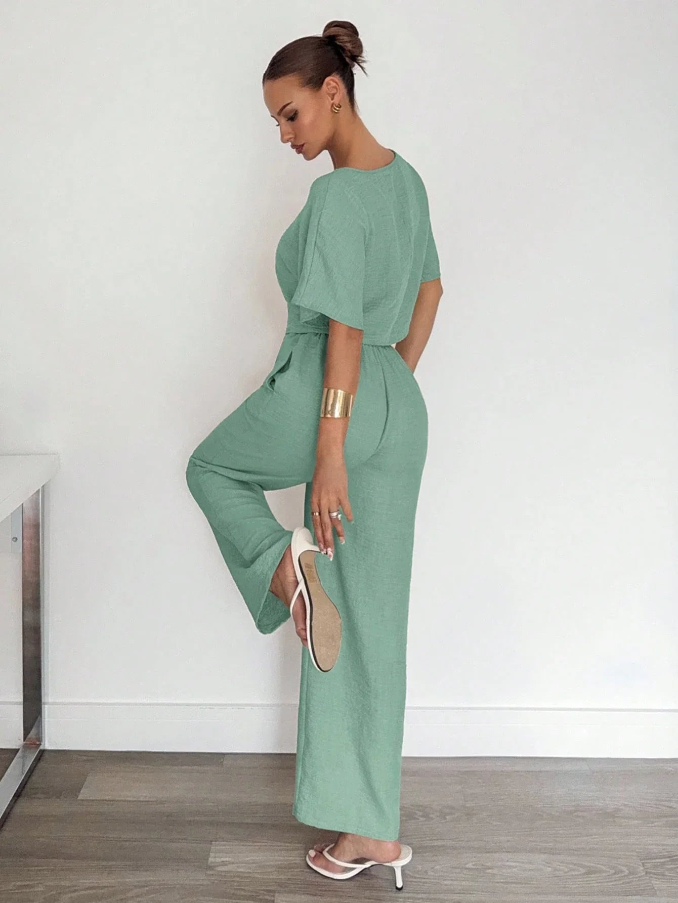 2pcs Women Solid Color Pleated Shirt And Pants shein