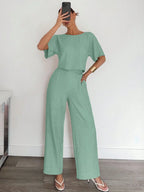 2pcs Women Solid Color Pleated Shirt And Pants shein