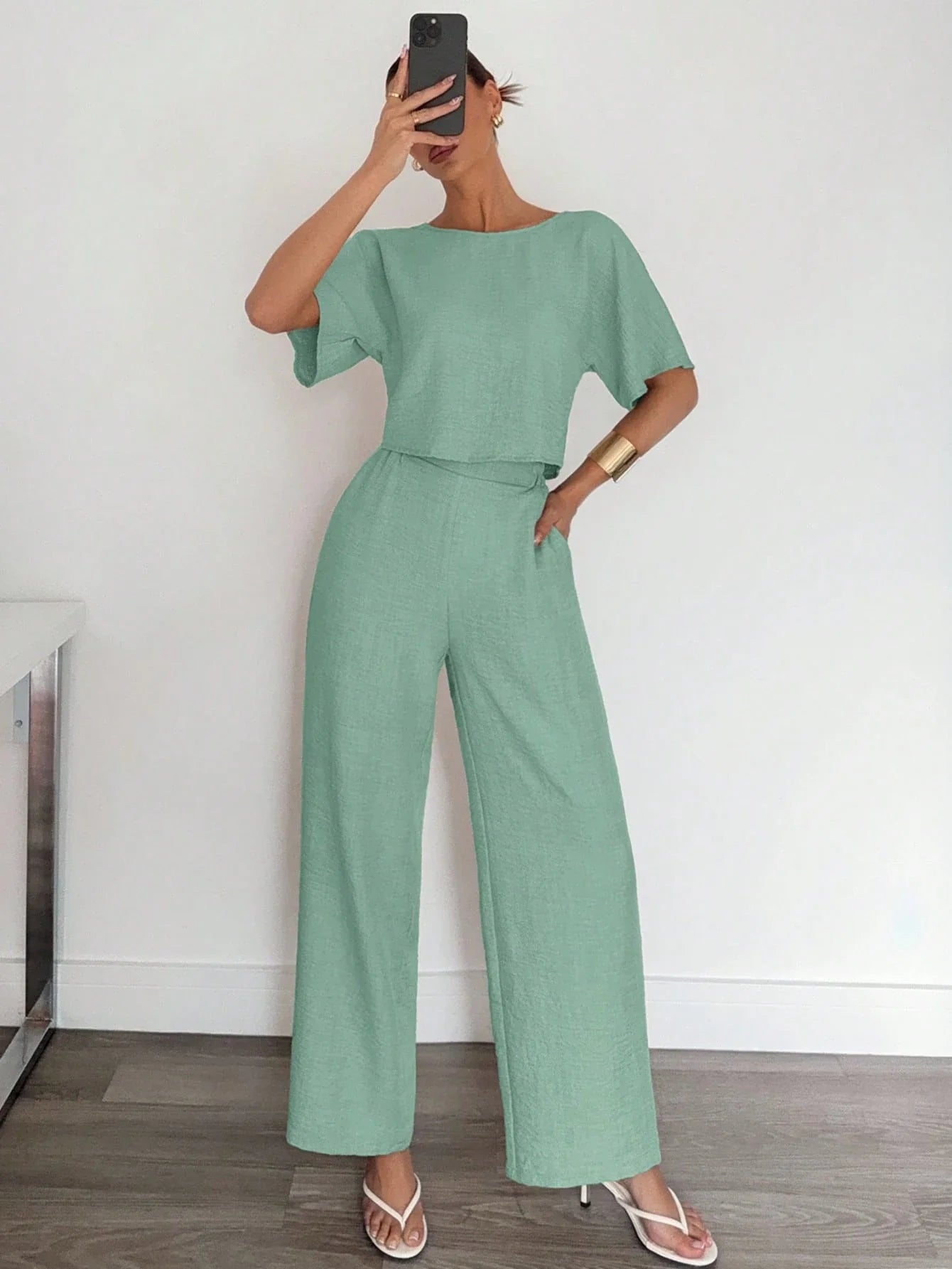 2pcs Women Solid Color Pleated Shirt And Pants shein