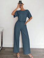 2pcs Women Solid Color Pleated Shirt And Pants shein