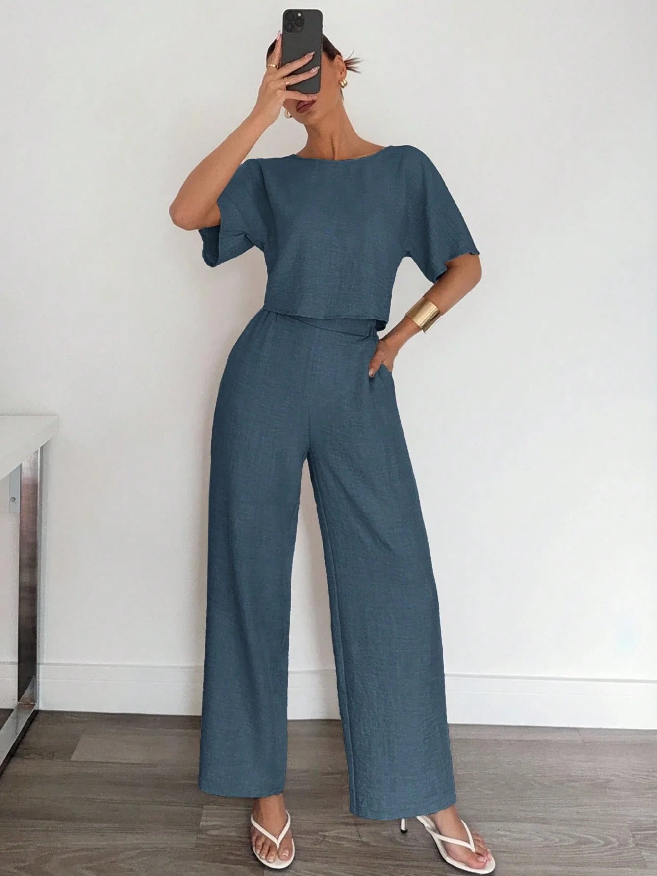 2pcs Women Solid Color Pleated Shirt And Pants shein