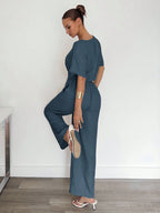 2pcs Women Solid Color Pleated Shirt And Pants shein