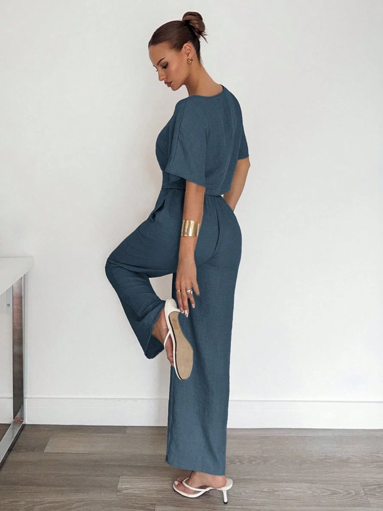 2pcs Women Solid Color Pleated Shirt And Pants shein