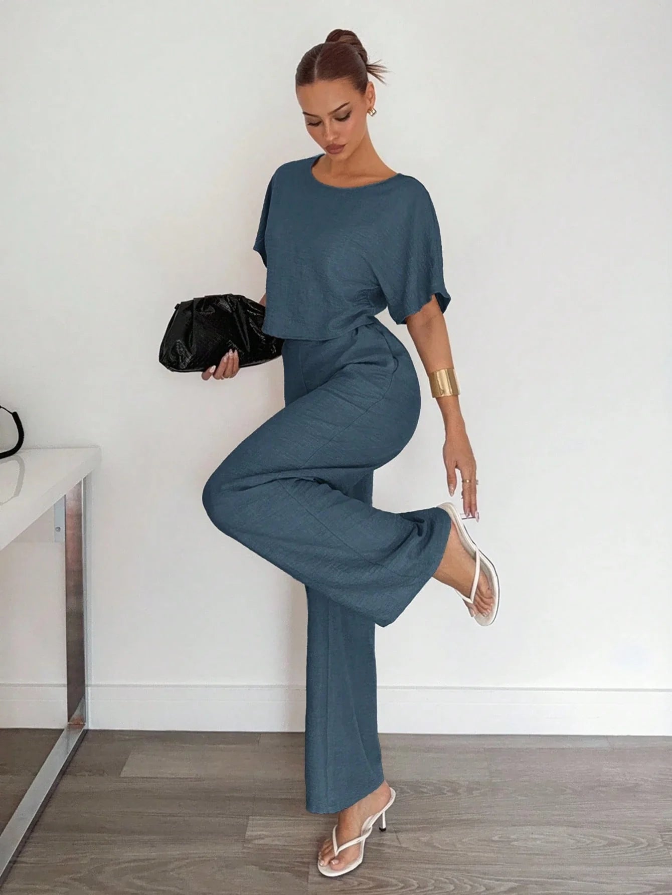 2pcs Women Solid Color Pleated Shirt And Pants shein