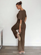 2pcs Women Solid Color Pleated Shirt And Pants shein