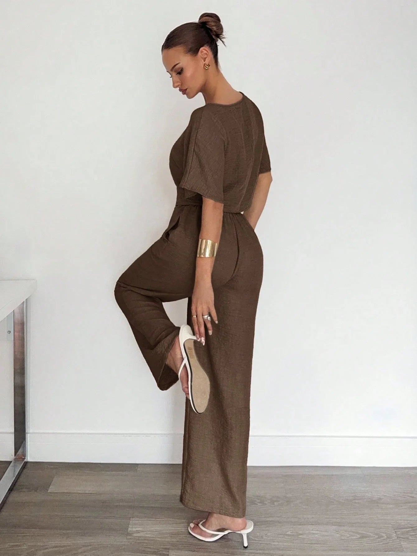 2pcs Women Solid Color Pleated Shirt And Pants shein