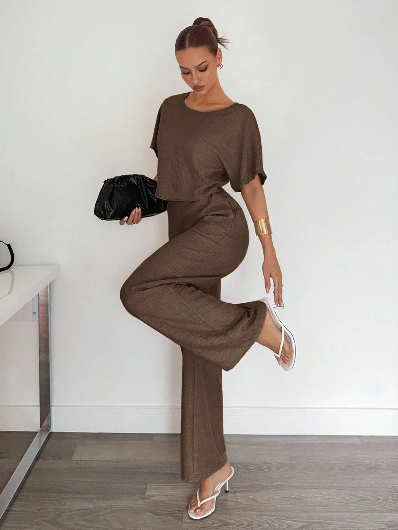 2pcs Women Solid Color Pleated Shirt And Pants shein