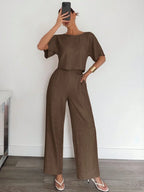 2pcs Women Solid Color Pleated Shirt And Pants shein