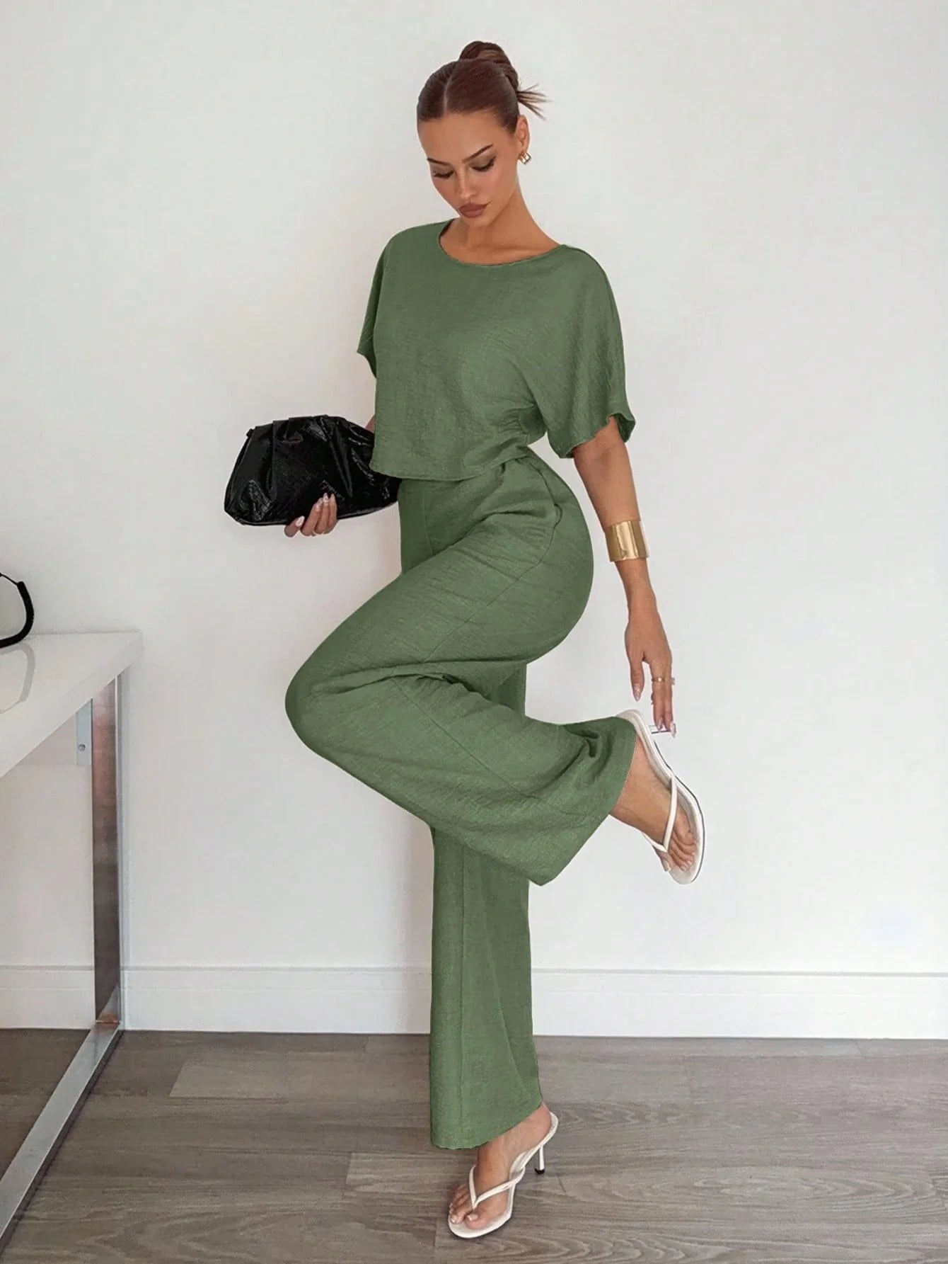 2pcs Women Solid Color Pleated Shirt And Pants shein