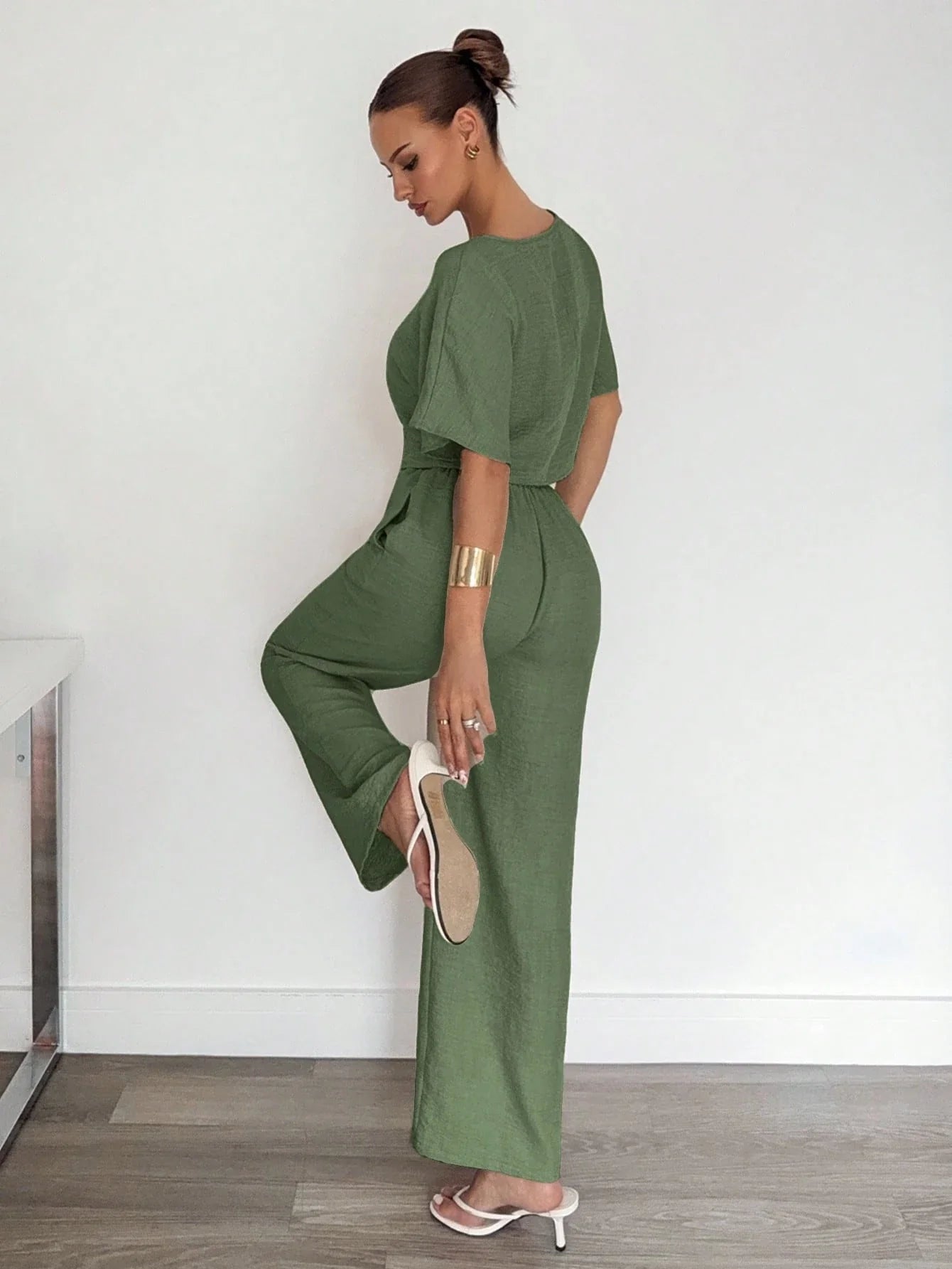 2pcs Women Solid Color Pleated Shirt And Pants shein