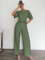 2pcs Women Solid Color Pleated Shirt And Pants shein