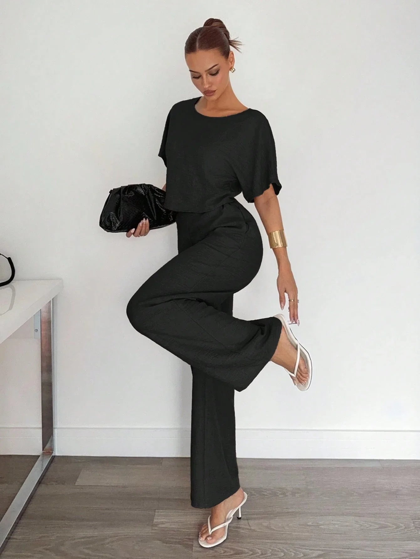 2pcs Women Solid Color Pleated Shirt And Pants shein