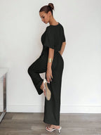 2pcs Women Solid Color Pleated Shirt And Pants shein