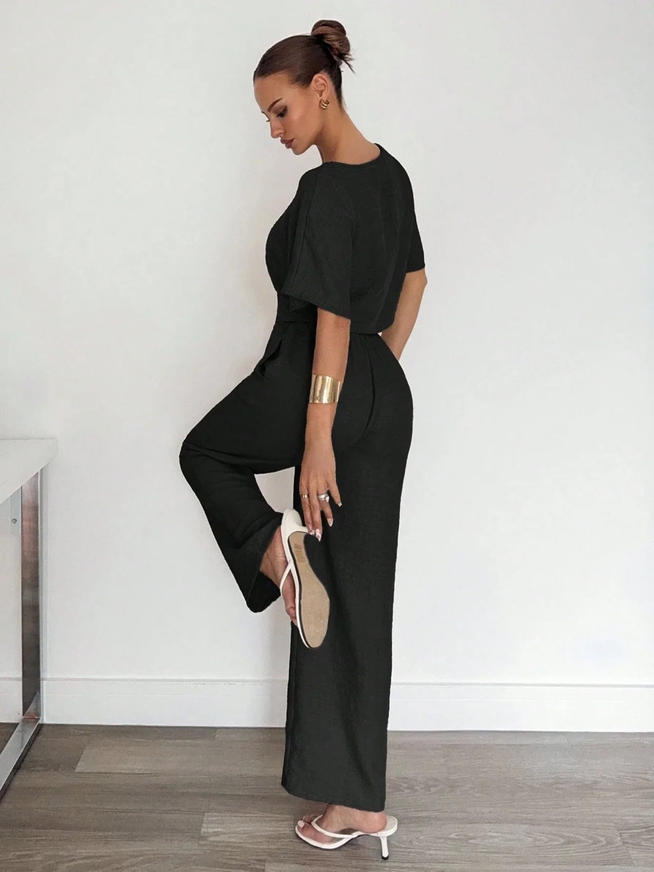 2pcs Women Solid Color Pleated Shirt And Pants shein