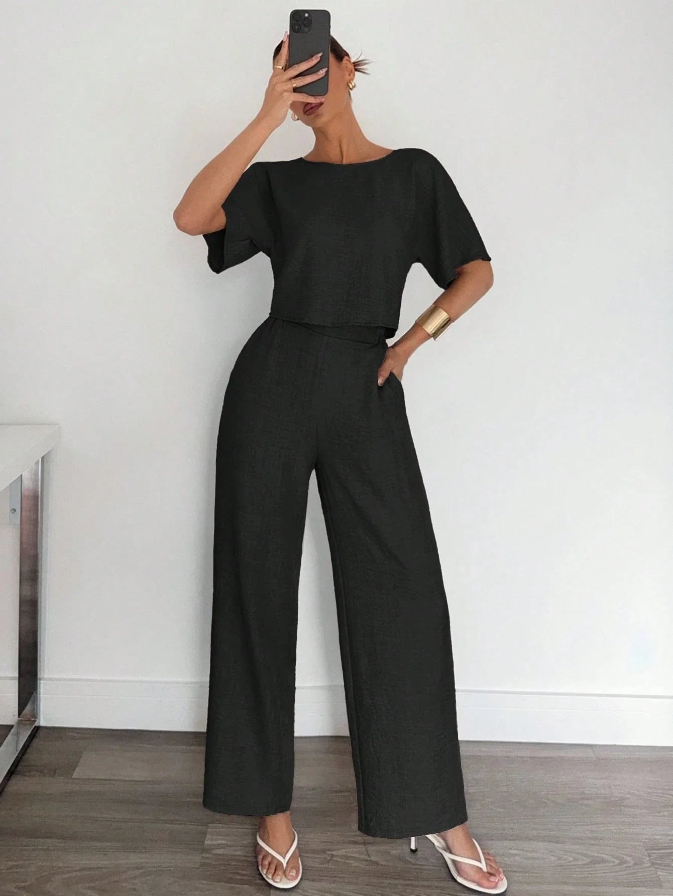 2pcs Women Solid Color Pleated Shirt And Pants shein