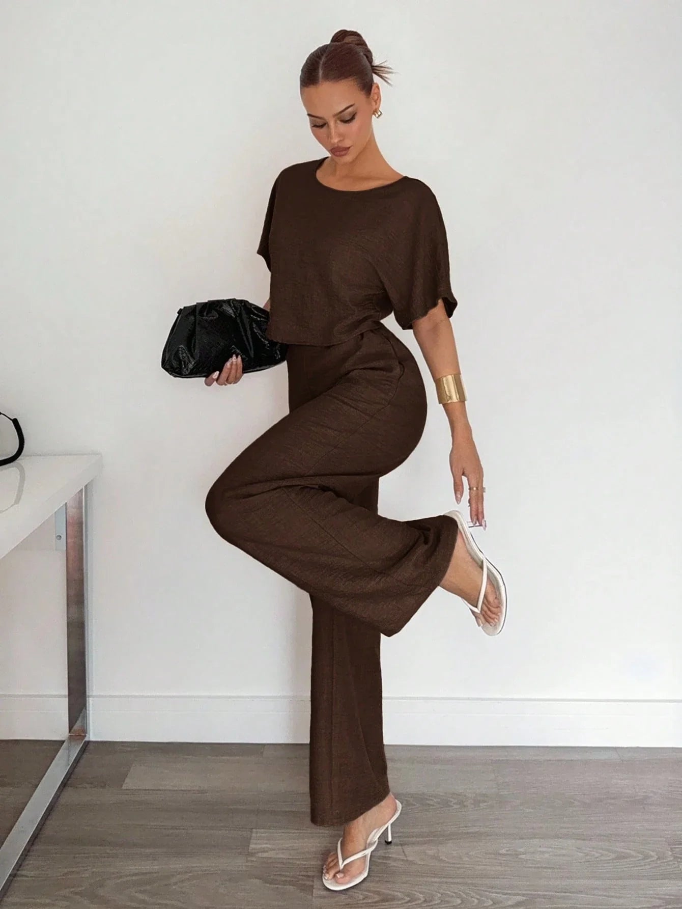 2pcs Women Solid Color Pleated Shirt And Pants shein