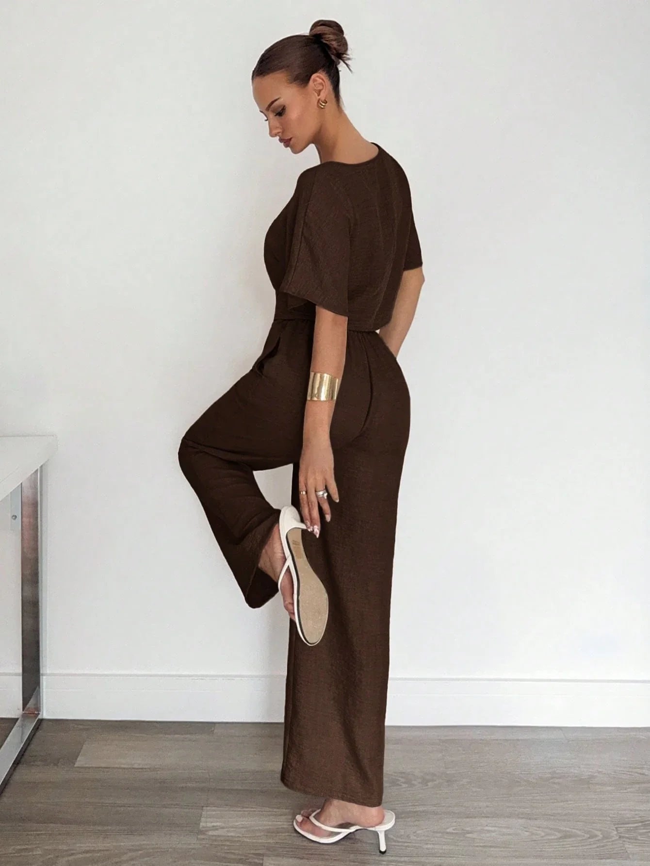 2pcs Women Solid Color Pleated Shirt And Pants shein