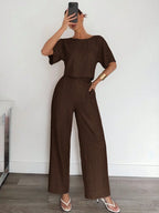 2pcs Women Solid Color Pleated Shirt And Pants shein