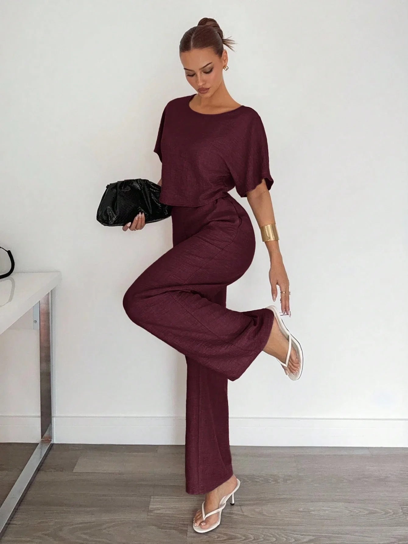 2pcs Women Solid Color Pleated Shirt And Pants shein
