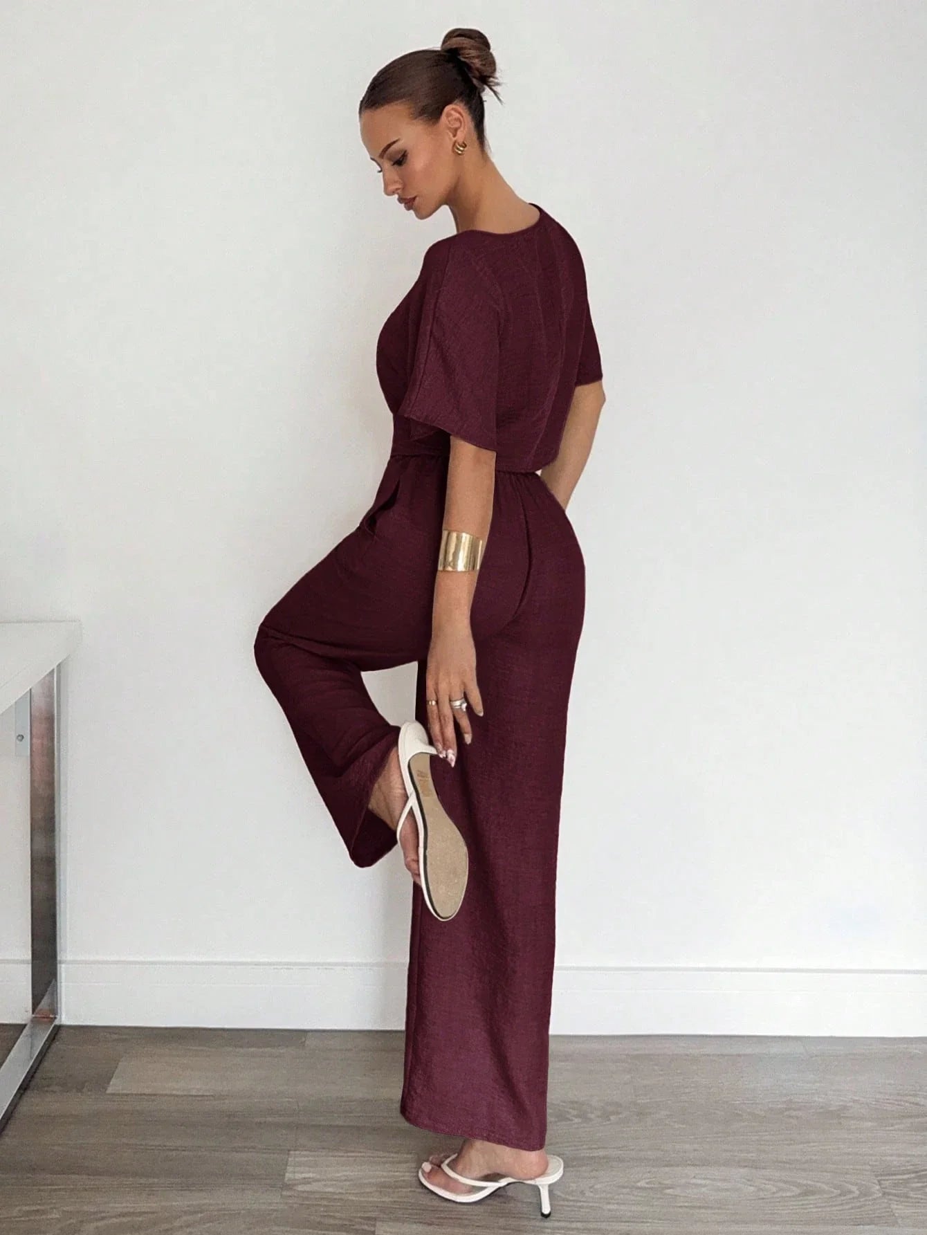 2pcs Women Solid Color Pleated Shirt And Pants shein