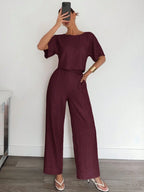 2pcs Women Solid Color Pleated Shirt And Pants shein
