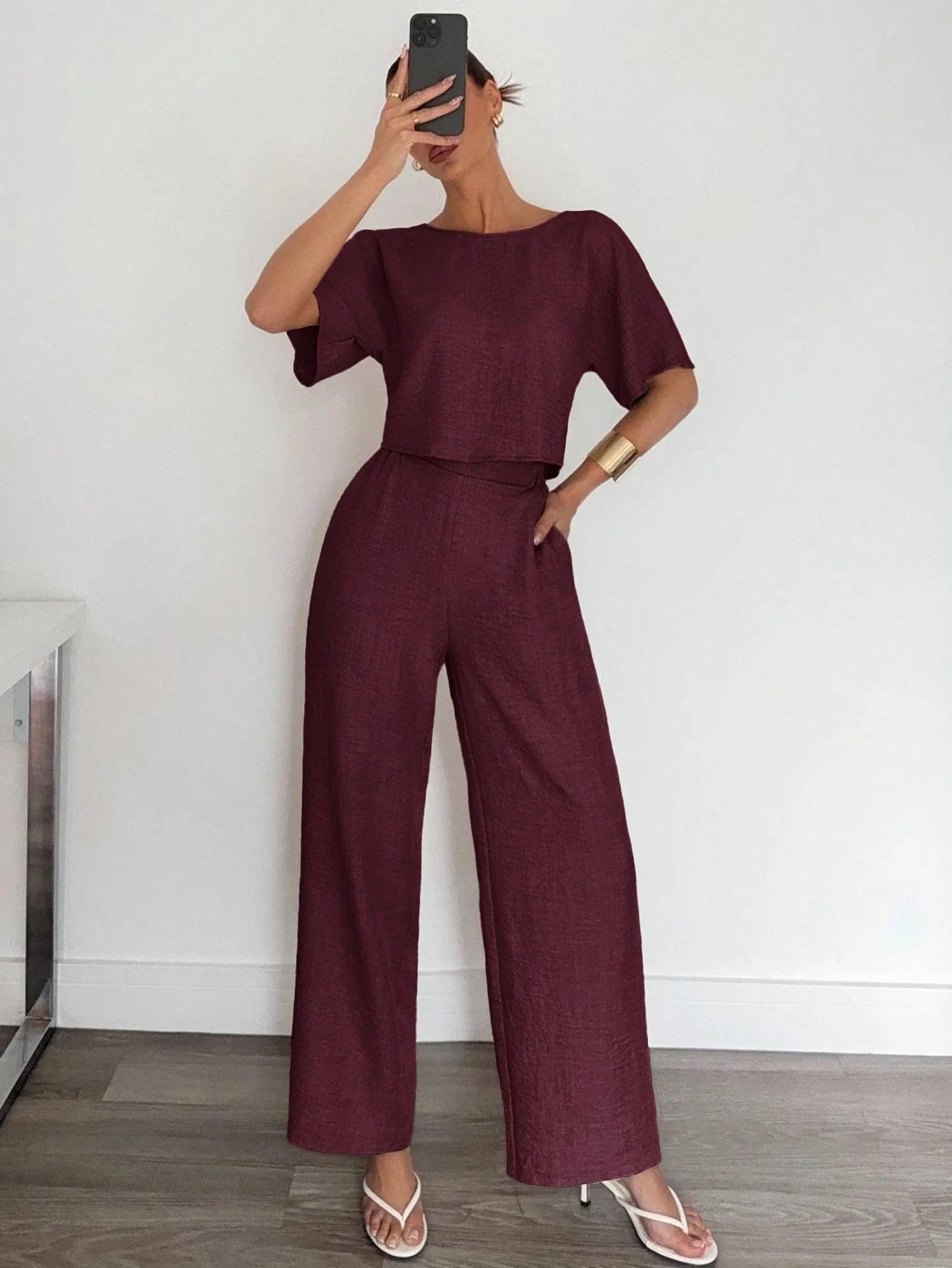2pcs Women Solid Color Pleated Shirt And Pants shein