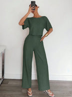2pcs Women Solid Color Pleated Shirt And Pants shein