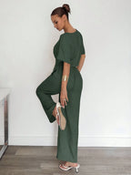 2pcs Women Solid Color Pleated Shirt And Pants shein