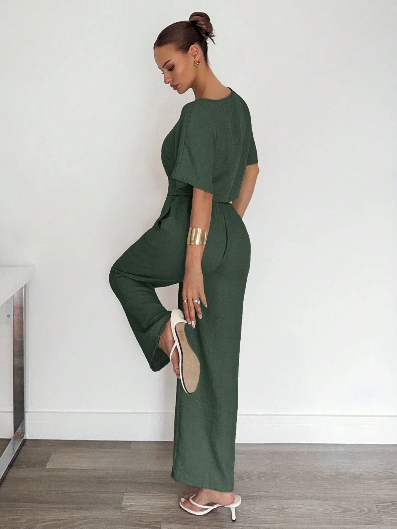 2pcs Women Solid Color Pleated Shirt And Pants shein