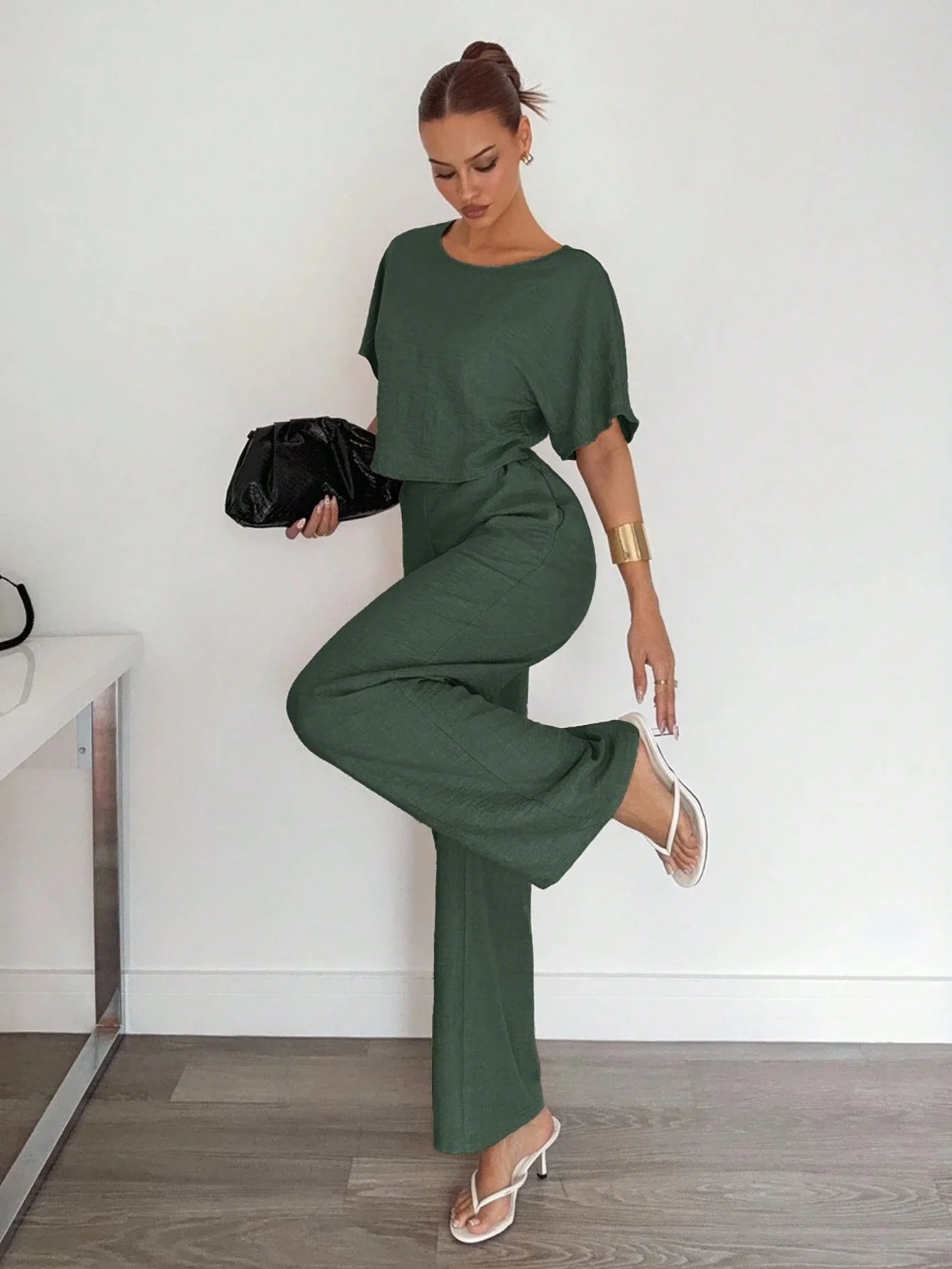 2pcs Women Solid Color Pleated Shirt And Pants shein