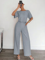 2pcs Women Solid Color Pleated Shirt And Pants shein