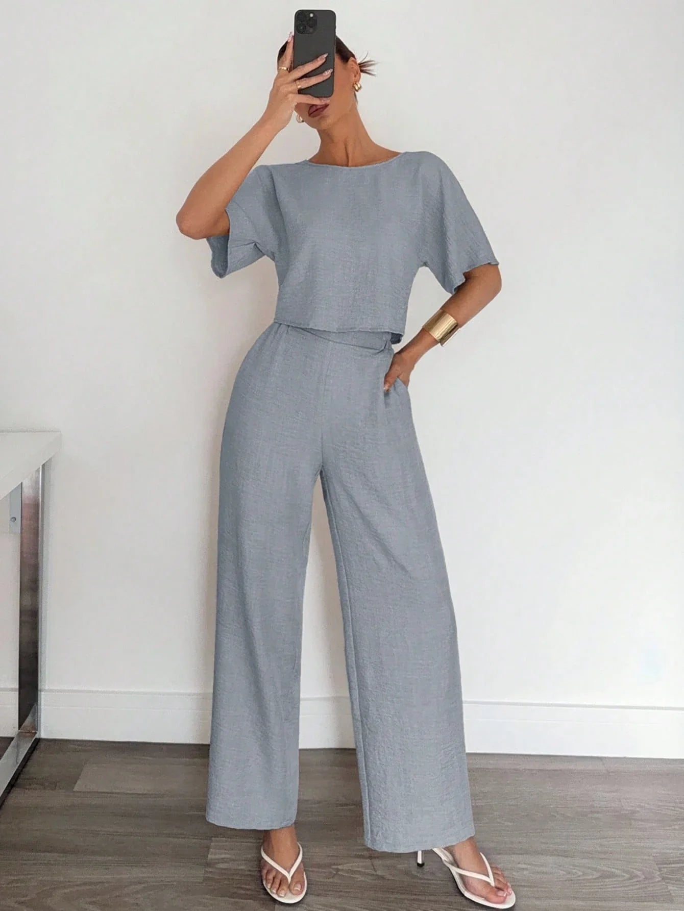 2pcs Women Solid Color Pleated Shirt And Pants shein