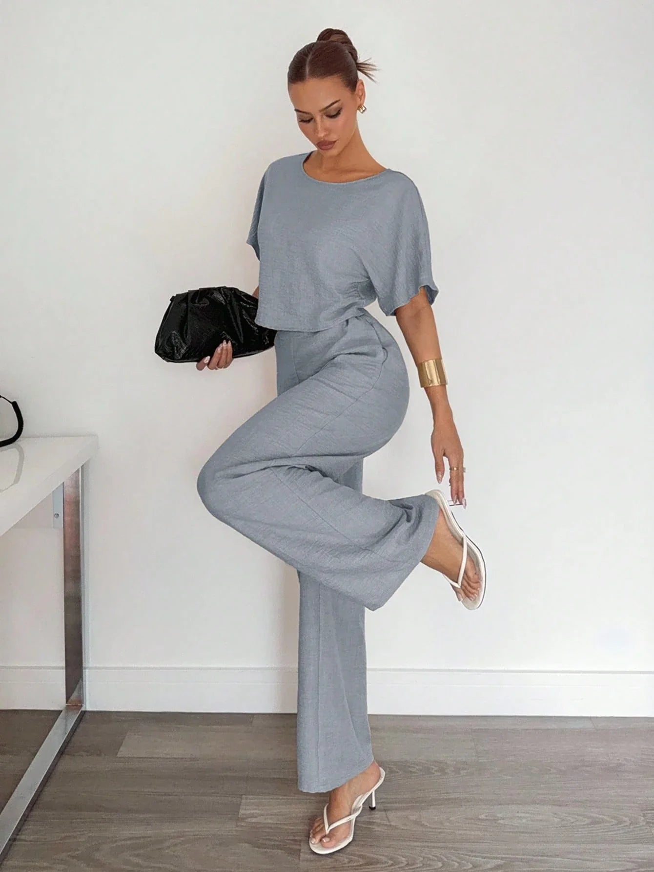 2pcs Women Solid Color Pleated Shirt And Pants shein