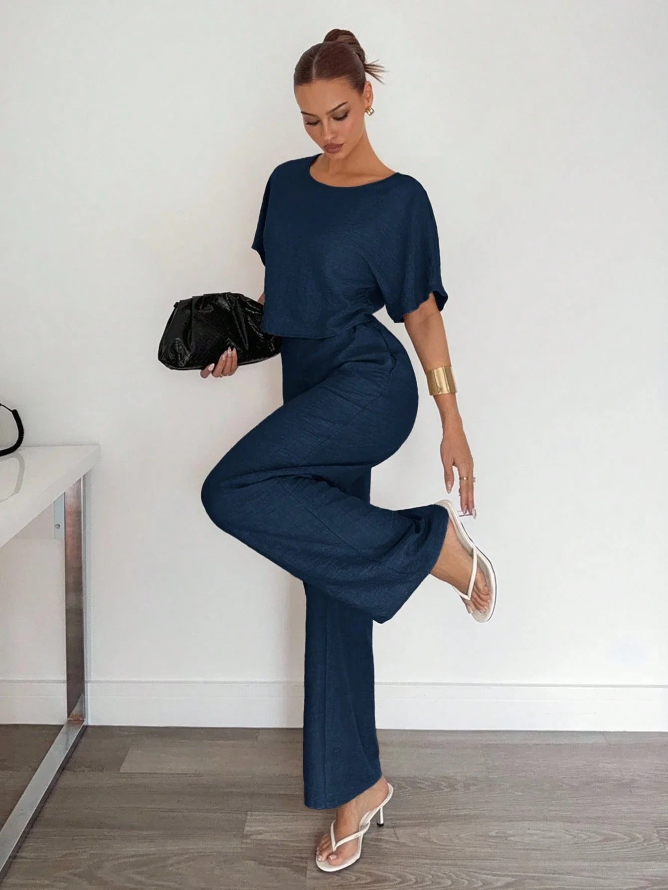2pcs Women Solid Color Pleated Shirt And Pants shein