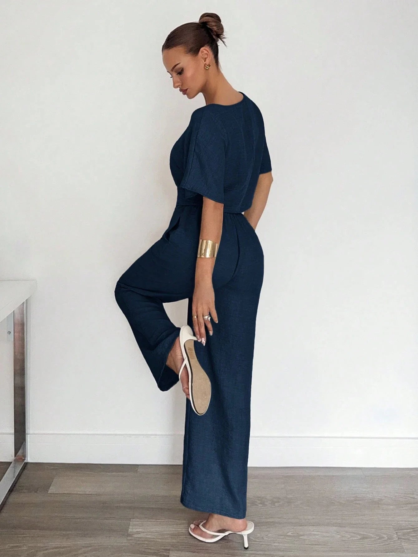 2pcs Women Solid Color Pleated Shirt And Pants shein