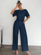 2pcs Women Solid Color Pleated Shirt And Pants shein