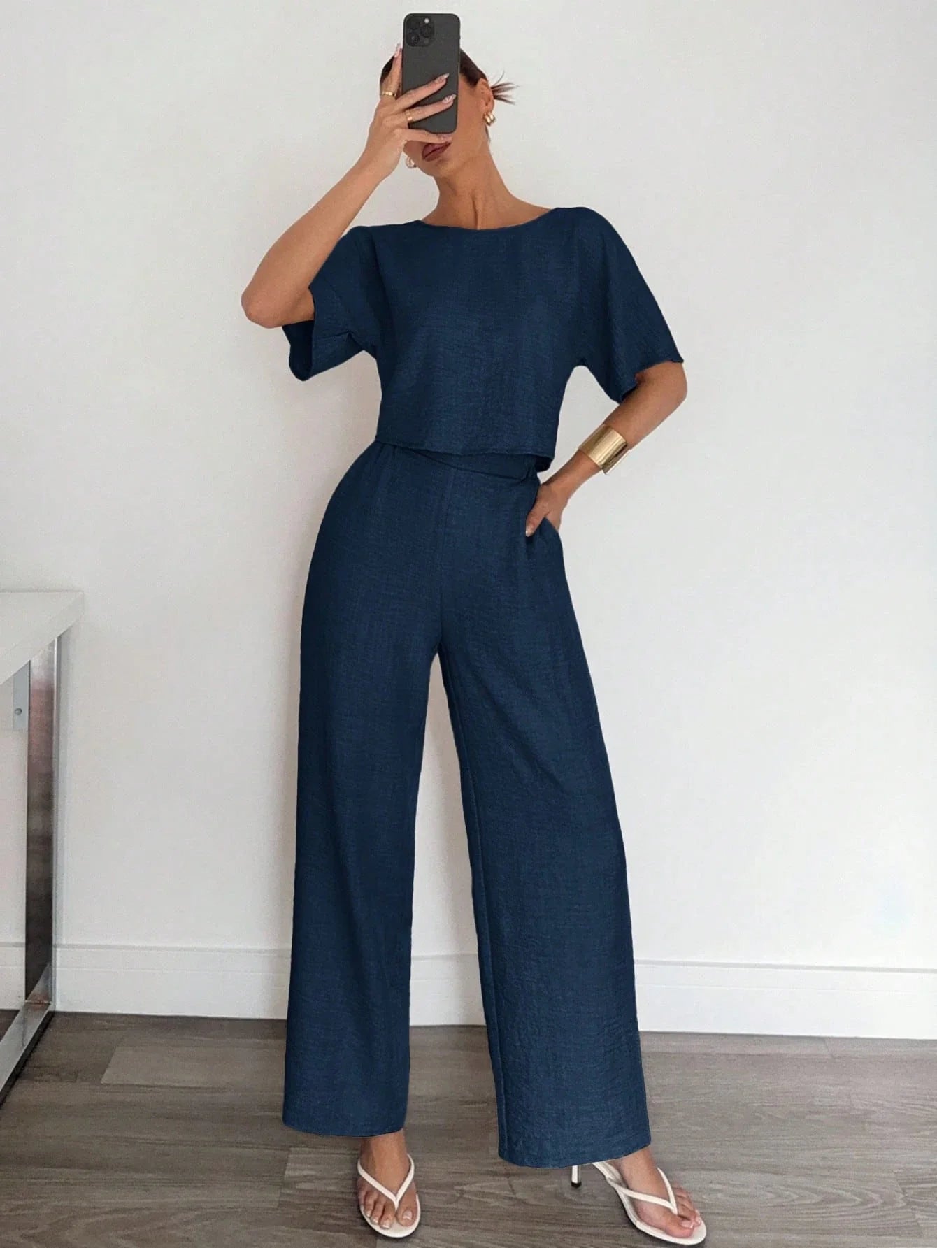2pcs Women Solid Color Pleated Shirt And Pants shein