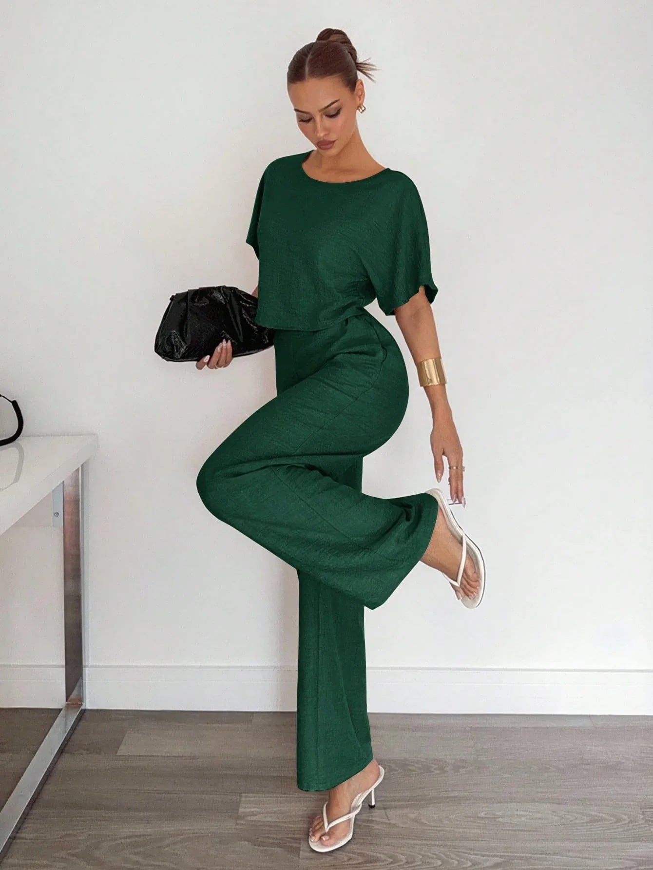 2pcs Women Solid Color Pleated Shirt And Pants shein