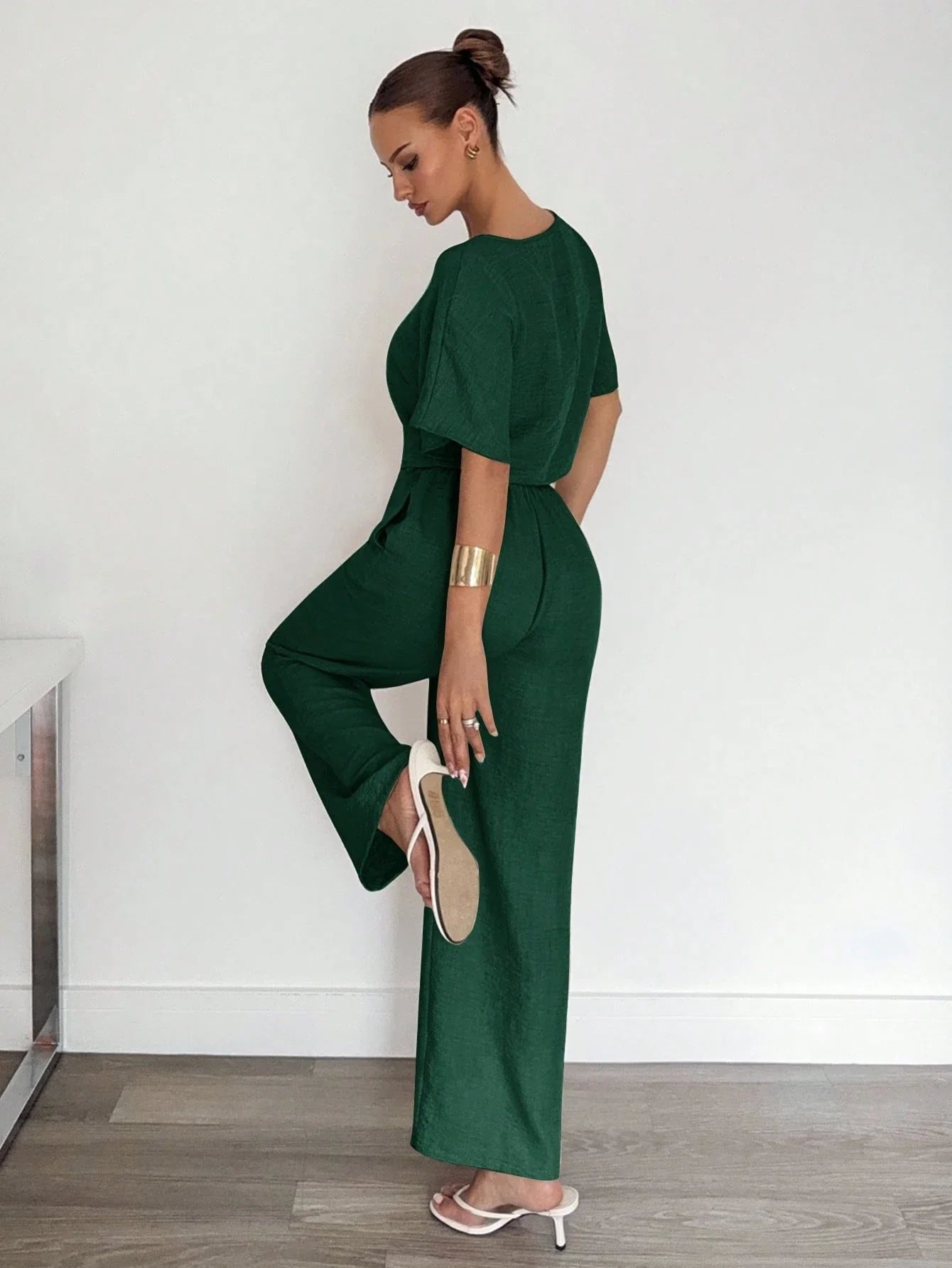 2pcs Women Solid Color Pleated Shirt And Pants shein