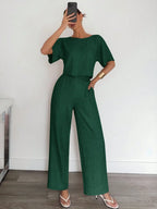 2pcs Women Solid Color Pleated Shirt And Pants shein