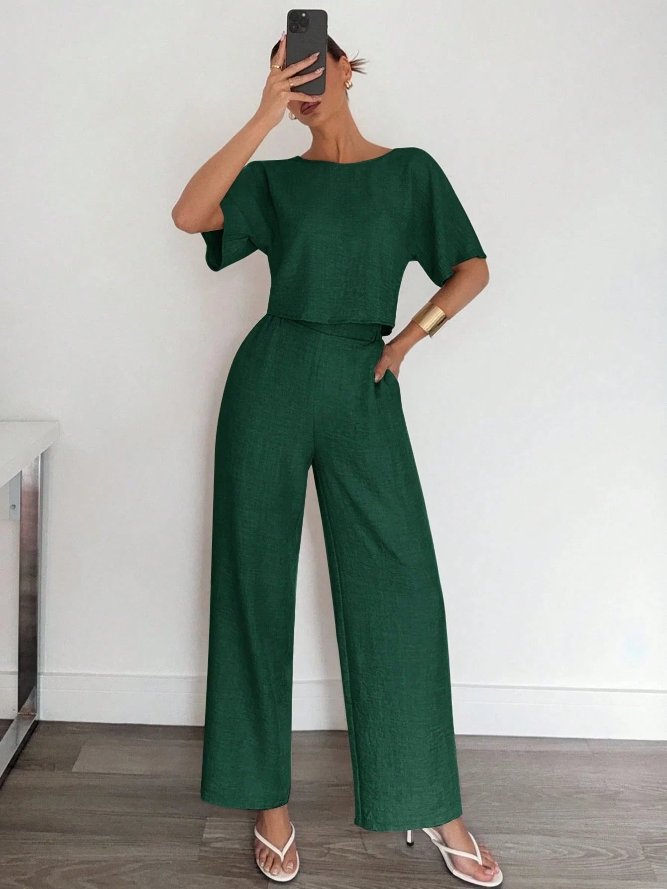 2pcs Women Solid Color Pleated Shirt And Pants shein