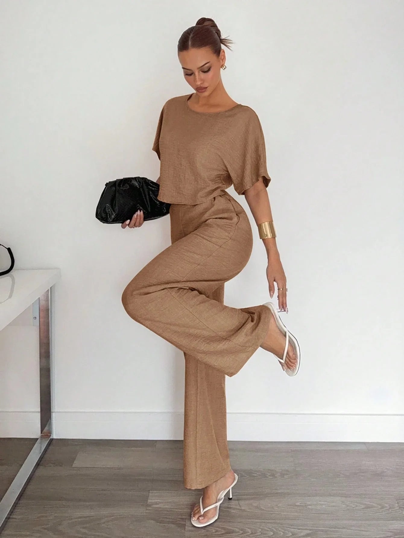 2pcs Women Solid Color Pleated Shirt And Pants shein