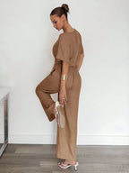 2pcs Women Solid Color Pleated Shirt And Pants shein