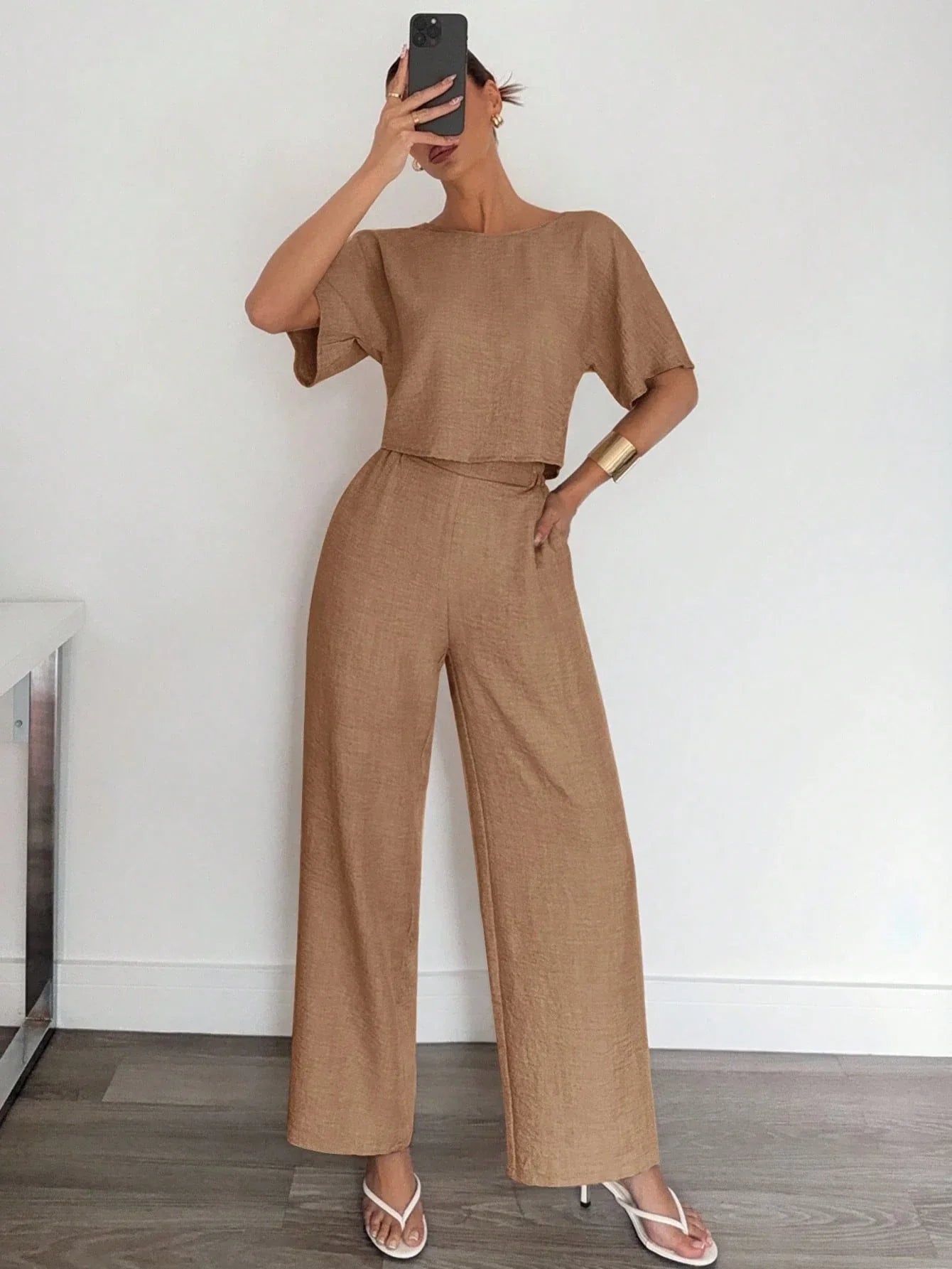 2pcs Women Solid Color Pleated Shirt And Pants shein