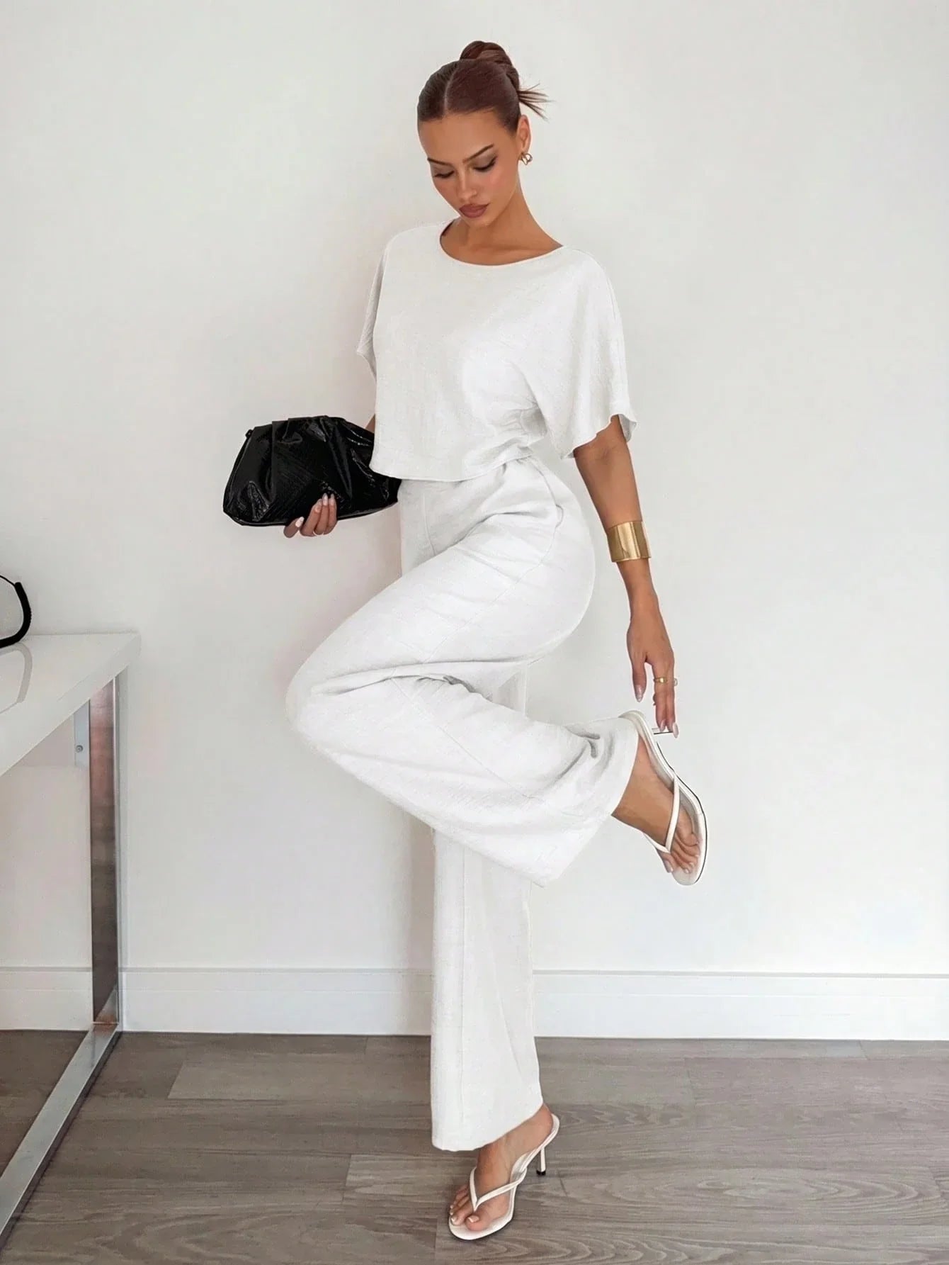 2pcs Women Solid Color Pleated Shirt And Pants shein