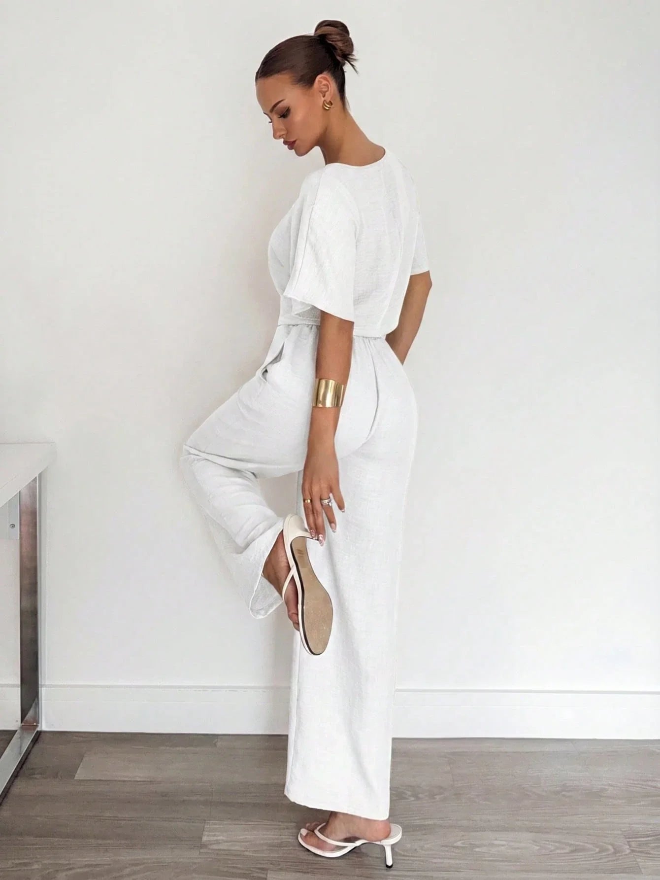 2pcs Women Solid Color Pleated Shirt And Pants shein