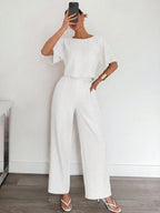 2pcs Women Solid Color Pleated Shirt And Pants shein