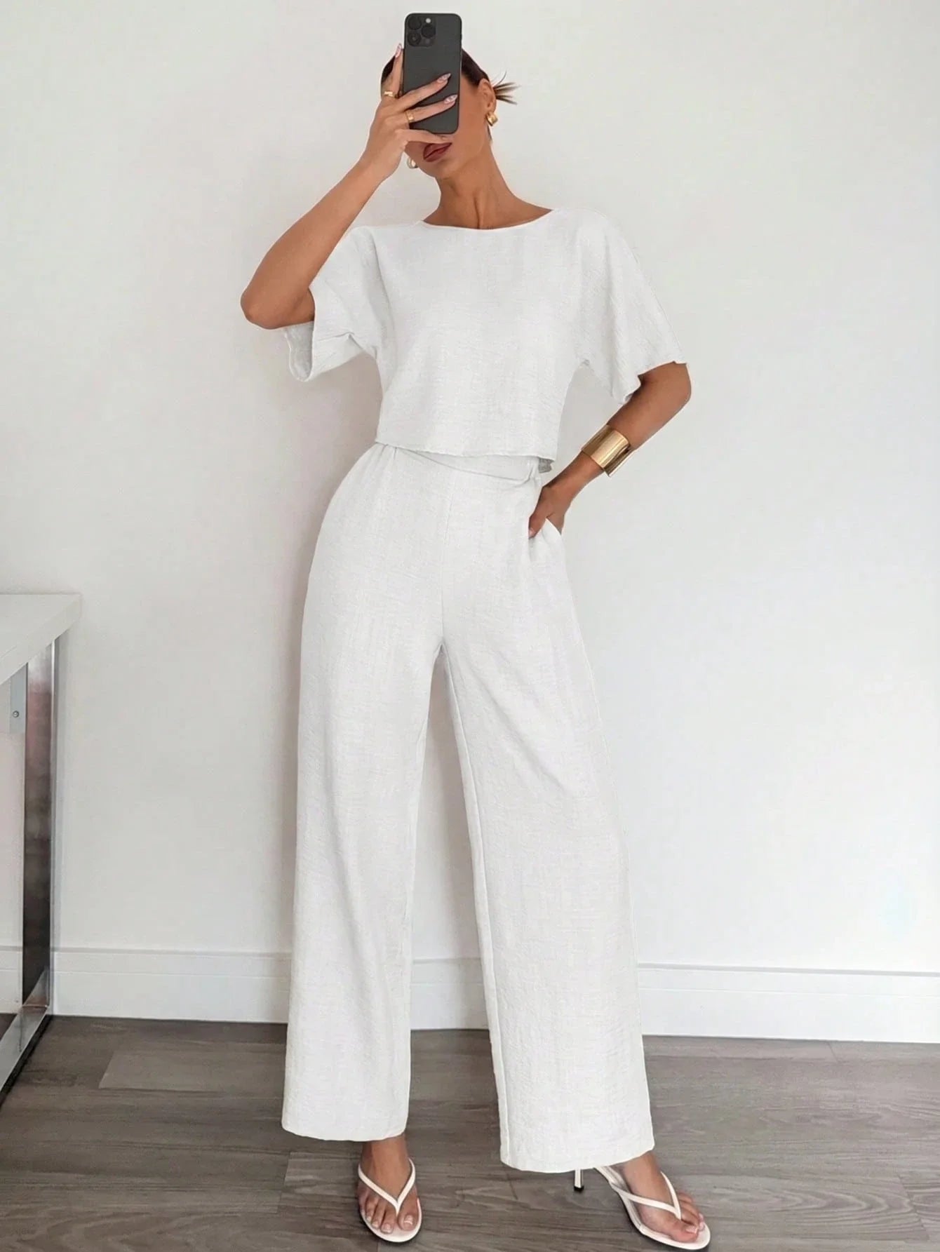 2pcs Women Solid Color Pleated Shirt And Pants shein