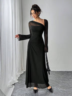 Siren Gaze Autumn Women's Black Mesh Slim Long-Sleeved Dress shein