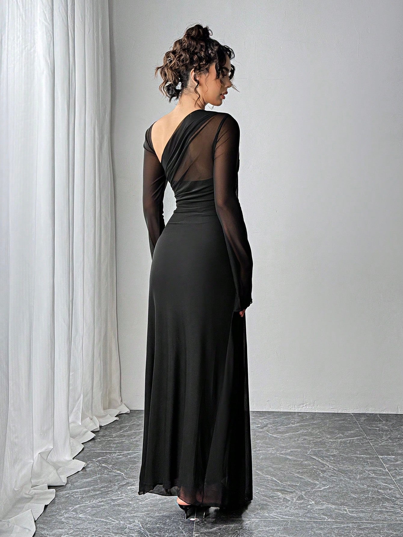 Siren Gaze Autumn Women's Black Mesh Slim Long-Sleeved Dress shein